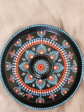 Censer Hand-Painted Dot Mandala Wall Plate – Black with Blue & Red Accents